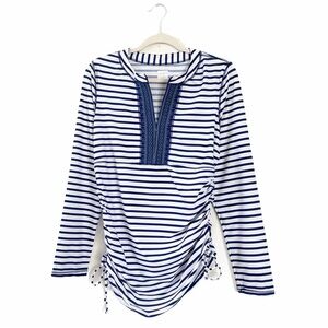 Cabana Life Stripe Embroidered Rashgaurd Swim Top